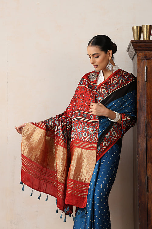 Jahangir Khatri - Red & Sky Blue Ajrakh & Bandhani Modal Tissue Pallu Saree