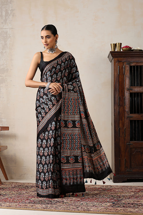 Jahangir Khatri - Black Ajrakh Modal Saree