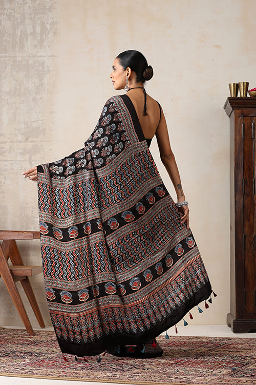 Jahangir Khatri - Black Ajrakh Modal Saree