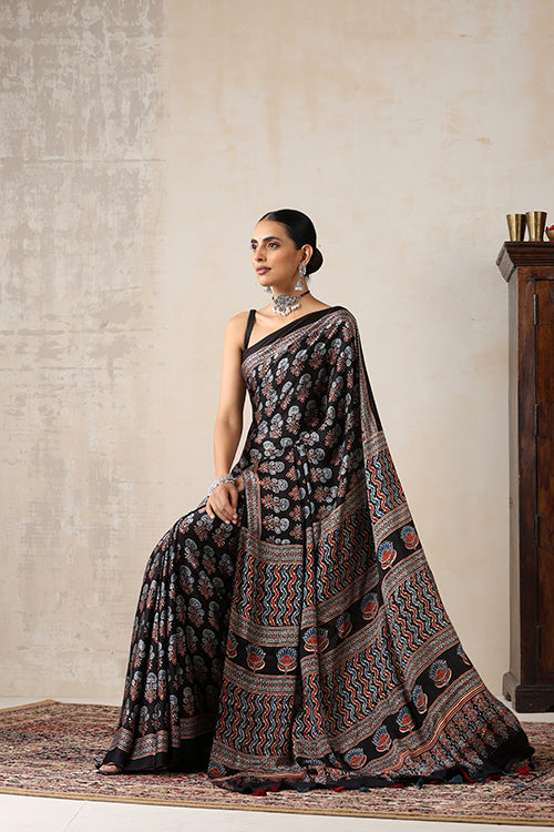 Jahangir Khatri - Black Ajrakh Modal Saree