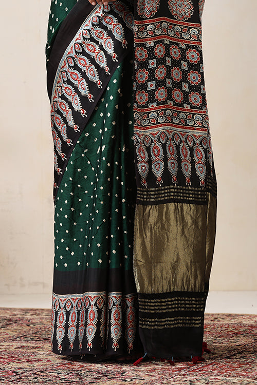 Jahangir Khatri - Black & Green Ajrakh & Bandhani Modal Tissue Pallu Saree