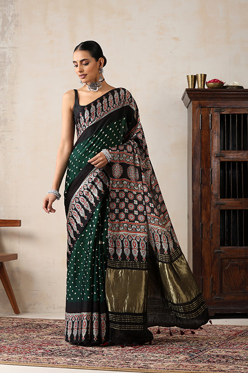 Jahangir Khatri - Black & Green Ajrakh & Bandhani Modal Tissue Pallu Saree