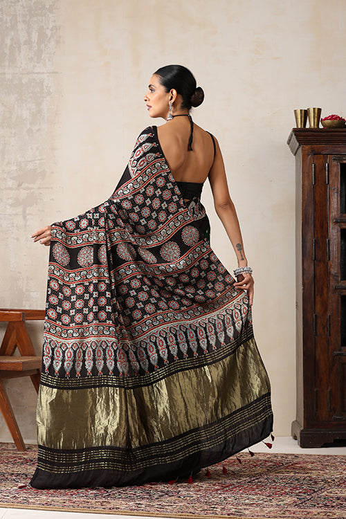 Jahangir Khatri - Black & Green Ajrakh & Bandhani Modal Tissue Pallu Saree