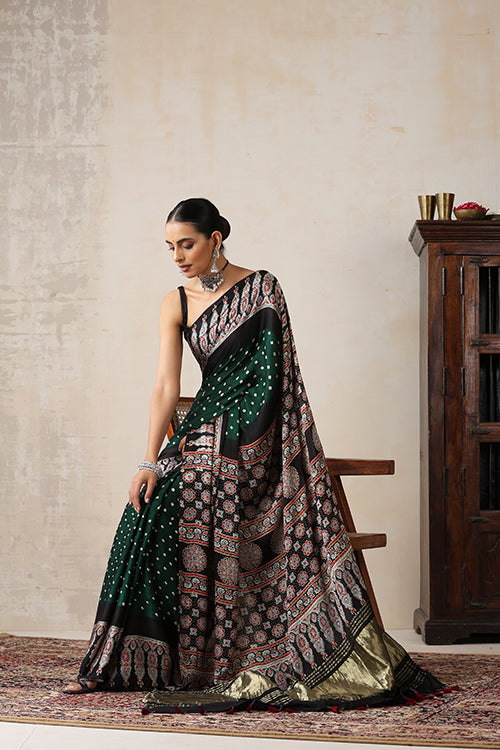 Jahangir Khatri - Black & Green Ajrakh & Bandhani Modal Tissue Pallu Saree