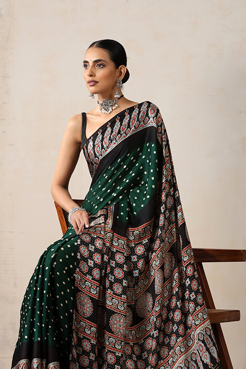 Jahangir Khatri - Black & Green Ajrakh & Bandhani Modal Tissue Pallu Saree