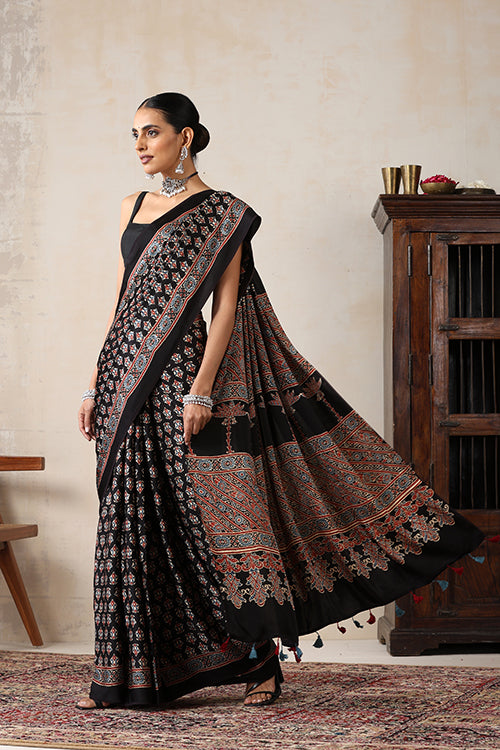 Jahangir Khatri - Black Ajrakh Modal Saree