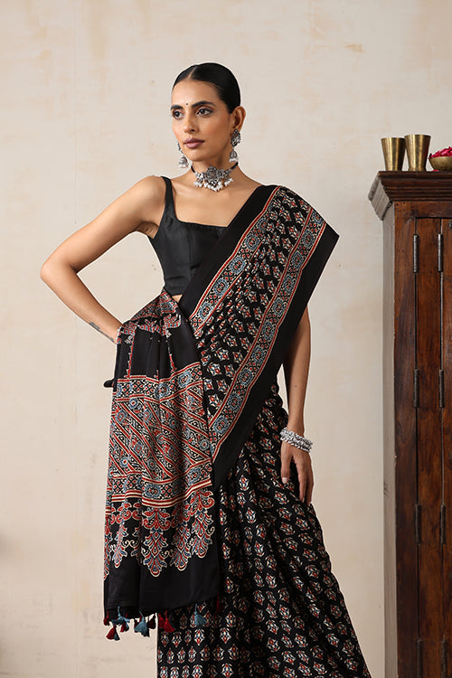 Jahangir Khatri - Black Ajrakh Modal Saree