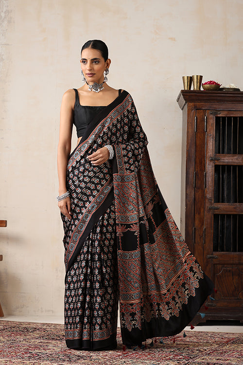 Jahangir Khatri - Black Ajrakh Modal Saree