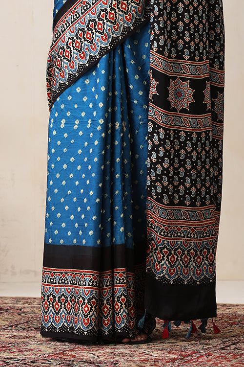 Jahangir Khatri - Black & Sky Blue Ajrakh & Bandhani Modal Saree