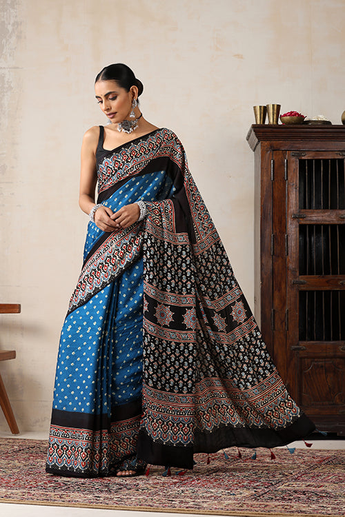 Jahangir Khatri - Black & Sky Blue Ajrakh & Bandhani Modal Saree