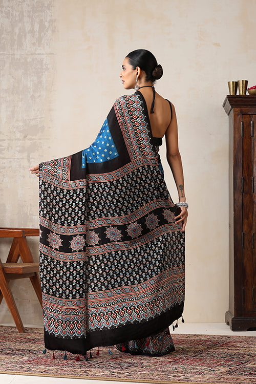Jahangir Khatri - Black & Sky Blue Ajrakh & Bandhani Modal Saree