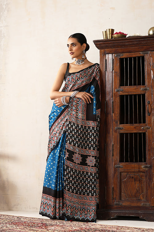 Jahangir Khatri - Black & Sky Blue Ajrakh & Bandhani Modal Saree
