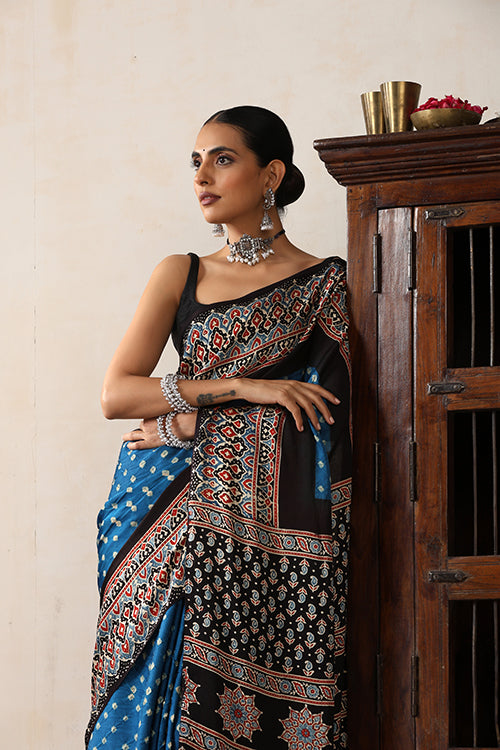 Jahangir Khatri - Black & Sky Blue Ajrakh & Bandhani Modal Saree