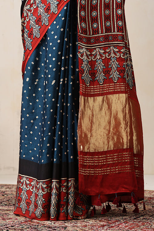 Jahangir Khatri - Red & Prussian Blue Ajrakh & Bandhani Modal Tissue Pallu Saree