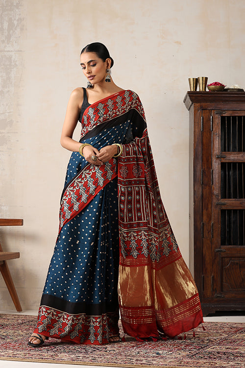 Jahangir Khatri - Red & Prussian Blue Ajrakh & Bandhani Modal Tissue Pallu Saree