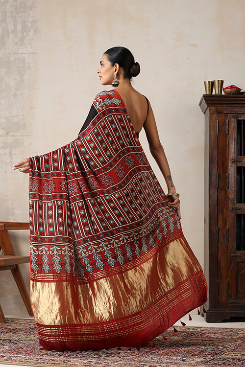 Jahangir Khatri - Red & Prussian Blue Ajrakh & Bandhani Modal Tissue Pallu Saree