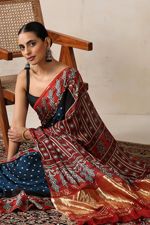 Jahangir Khatri - Red & Prussian Blue Ajrakh & Bandhani Modal Tissue Pallu Saree