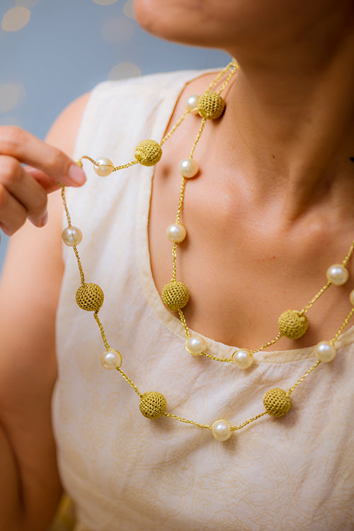 Samoolam Handmade Crochet Nakshatra Pearl Necklace - Gold