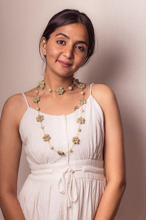 Samoolam Gulnaar Gold Daisy - Pearl String Necklace