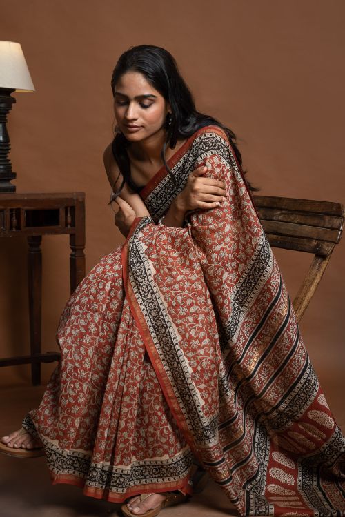 ICH Chanderi Elegance. Bagru Hand Block Printed Saree  - Red Jaal