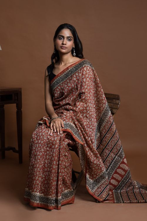ICH Chanderi Elegance. Bagru Hand Block Printed Saree  - Red Jaal