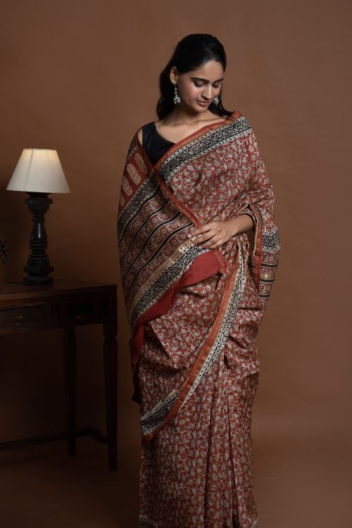 ICH Chanderi Elegance. Bagru Hand Block Printed Saree  - Red Jaal