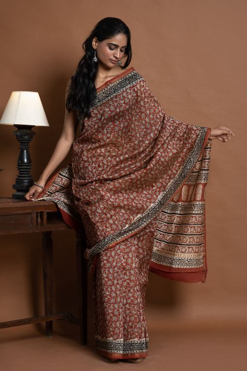 ICH Chanderi Elegance. Bagru Hand Block Printed Saree  - Red Jaal