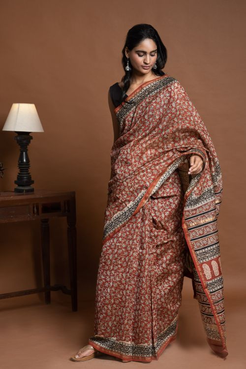 ICH Chanderi Elegance. Bagru Hand Block Printed Saree  - Red Jaal