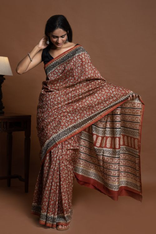 ICH Chanderi Elegance. Bagru Hand Block Printed Saree  - Red Jaal