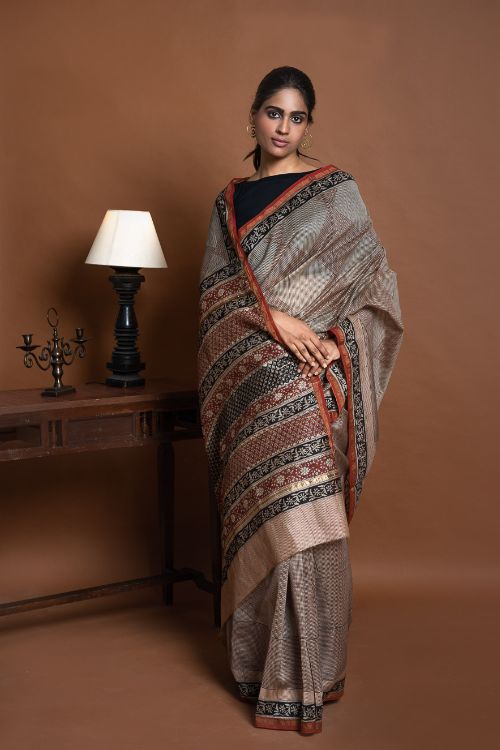 ICH Chanderi Elegance. Bagru Hand Block Printed Saree  - Geometrics