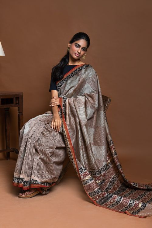 ICH Chanderi Elegance. Bagru Hand Block Printed Saree  - Geometrics
