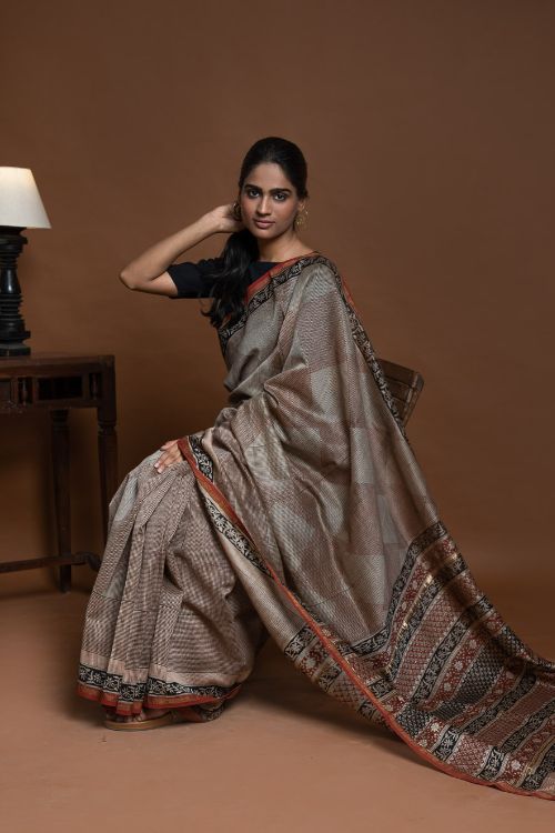ICH Chanderi Elegance. Bagru Hand Block Printed Saree  - Geometrics
