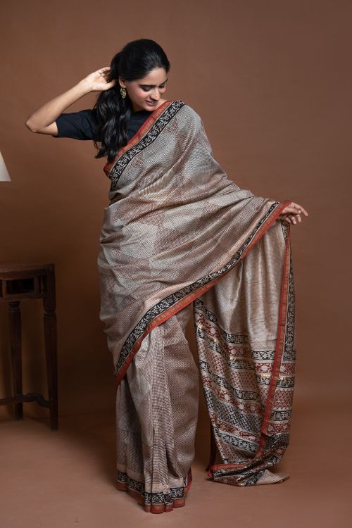 ICH Chanderi Elegance. Bagru Hand Block Printed Saree  - Geometrics