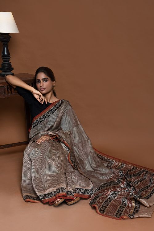 ICH Chanderi Elegance. Bagru Hand Block Printed Saree  - Geometrics
