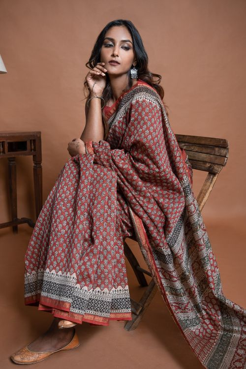 ICH Chanderi Elegance. Bagru Hand Block Printed Saree  - Red Floral