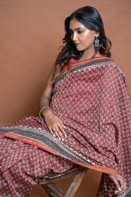 ICH Chanderi Elegance. Bagru Hand Block Printed Saree  - Red Floral