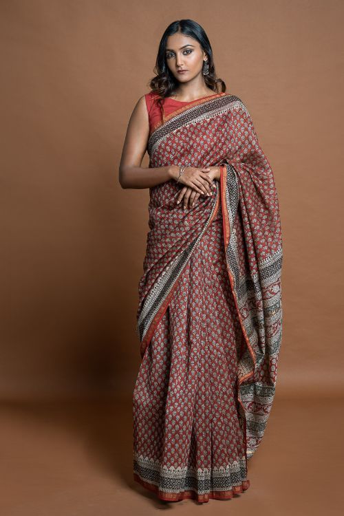 ICH Chanderi Elegance. Bagru Hand Block Printed Saree  - Red Floral
