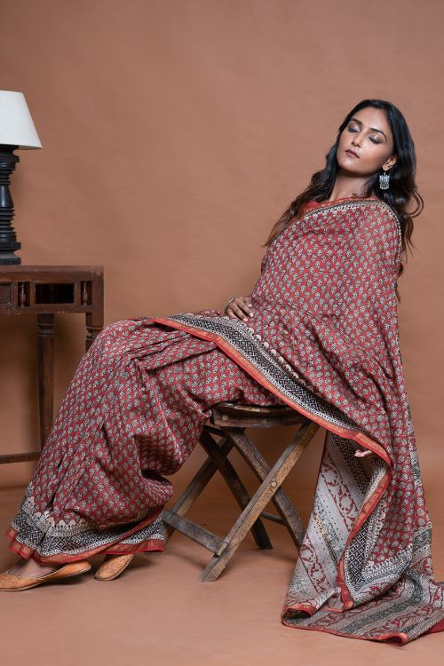 ICH Chanderi Elegance. Bagru Hand Block Printed Saree  - Red Floral