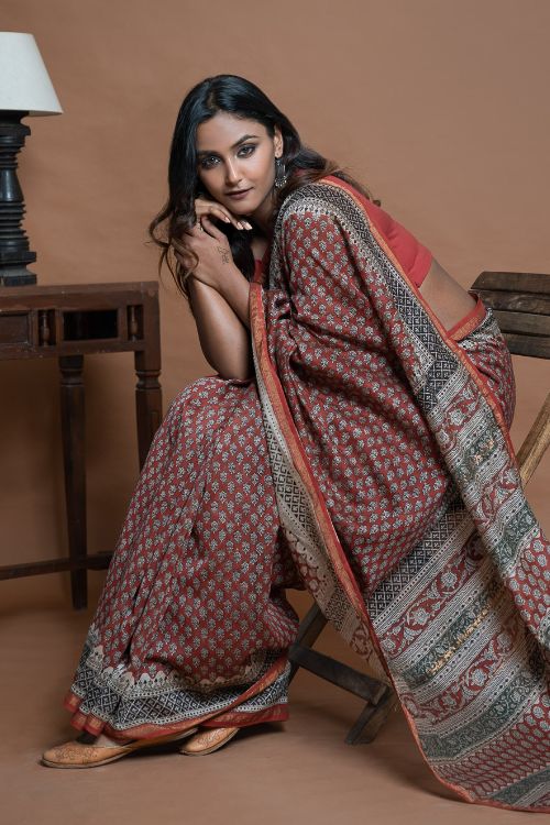ICH Chanderi Elegance. Bagru Hand Block Printed Saree  - Red Floral