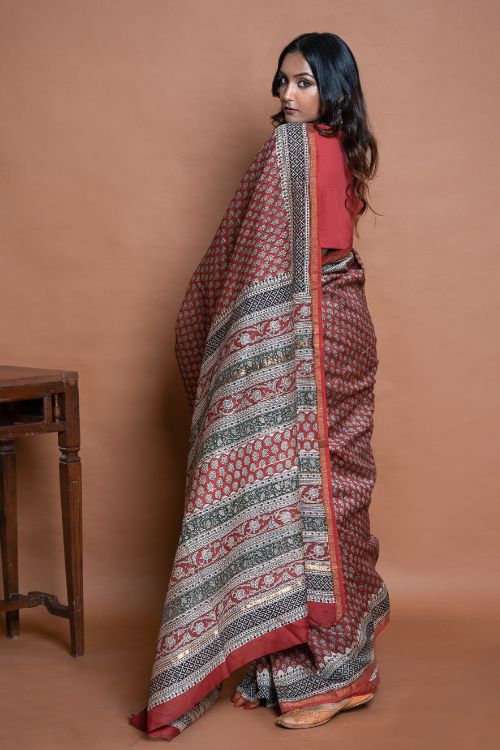 ICH Chanderi Elegance. Bagru Hand Block Printed Saree  - Red Floral