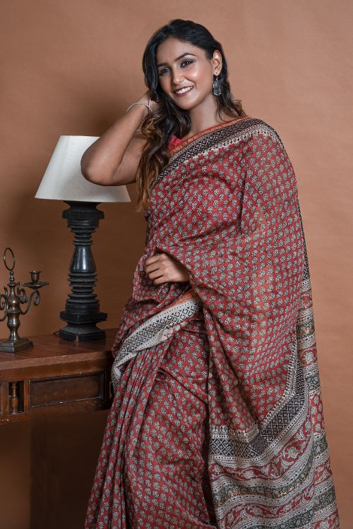 ICH Chanderi Elegance. Bagru Hand Block Printed Saree  - Red Floral