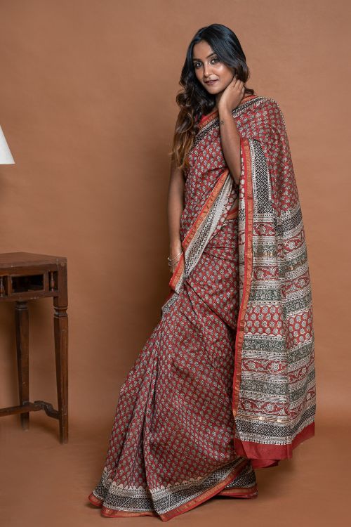 ICH Chanderi Elegance. Bagru Hand Block Printed Saree  - Red Floral