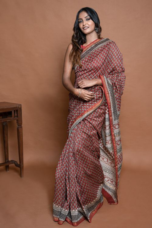 ICH Chanderi Elegance. Bagru Hand Block Printed Saree  - Red Floral