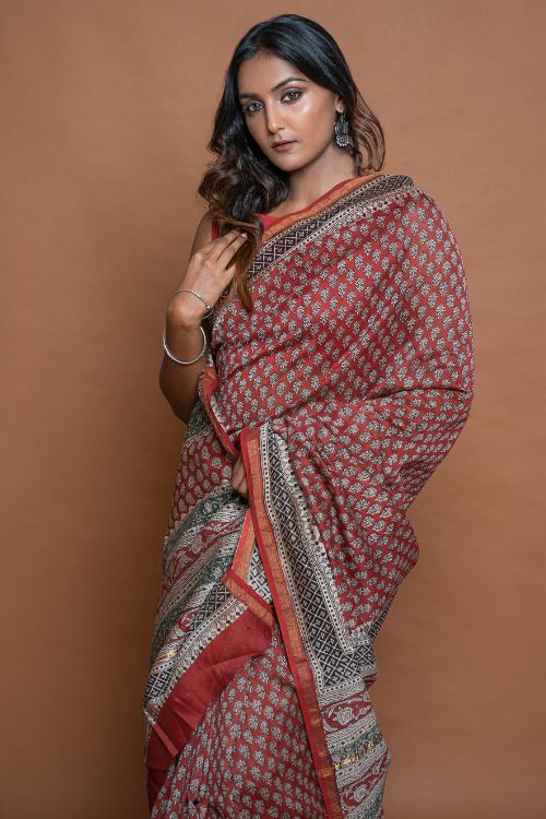 ICH Chanderi Elegance. Bagru Hand Block Printed Saree  - Red Floral