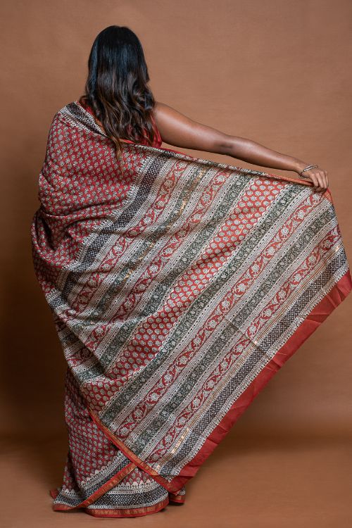 ICH Chanderi Elegance. Bagru Hand Block Printed Saree  - Red Floral