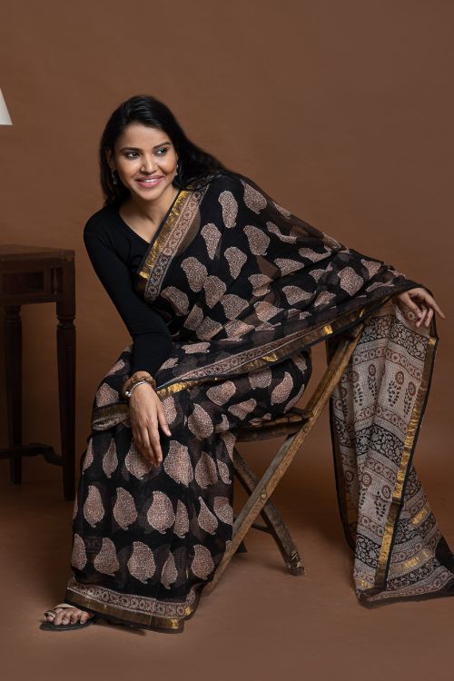ICH Exclusive Kota Chanderi. Bagru Hand Block Printed Saree - Black Paisley