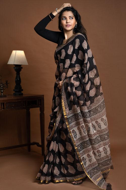 ICH Exclusive Kota Chanderi. Bagru Hand Block Printed Saree - Black Paisley