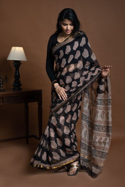 ICH Exclusive Kota Chanderi. Bagru Hand Block Printed Saree - Black Paisley