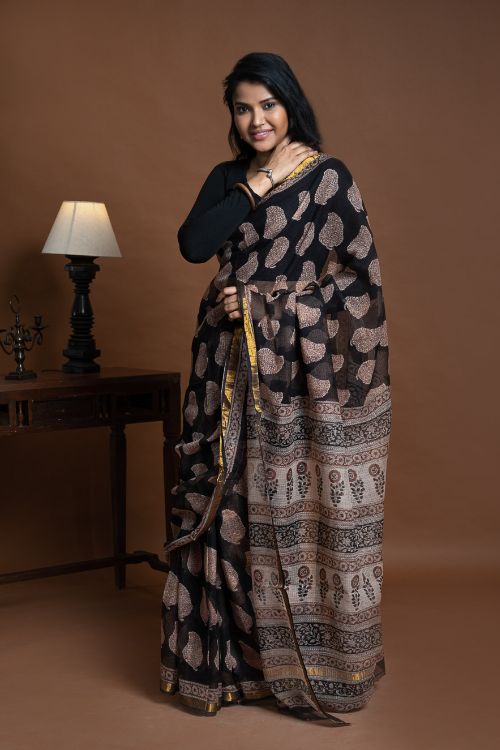 ICH Exclusive Kota Chanderi. Bagru Hand Block Printed Saree - Black Paisley