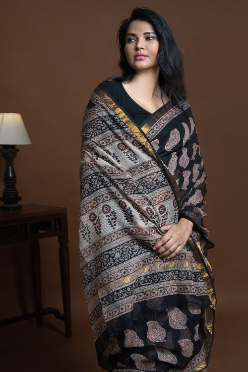 ICH Exclusive Kota Chanderi. Bagru Hand Block Printed Saree - Black Paisley